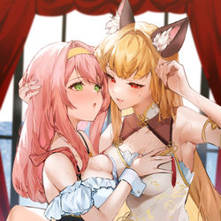 This is a pixiv picture whose title is ツンデレご主人様とケモミミ従者がゆく魔族討伐の百合旅.