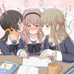 This is a pixiv picture whose title is 百合に挟まれて百合に目覚めそうな子.