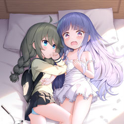 This is a pixiv picture whose title is 依頼絵　　由仁先輩と鏡華ちゃんの母娘丼.