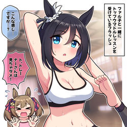 This is a pixiv picture whose title is ファル子と一緒にトップウマドルレッスンを受けているフラッシュ.