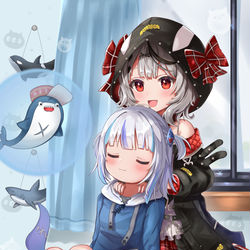 This is a pixiv picture whose title is サメちゃんの肩を揉むクロヱ.