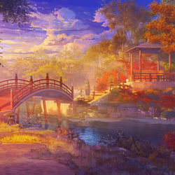 This is a pixiv picture whose title is 日本庭園 日没.