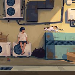 This is a pixiv picture whose title is 路地裏、猫.