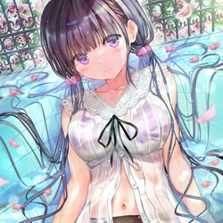 This is a pixiv picture whose title is 花びら×濡れ透け白ワンピ×濡れタイツの女の子.