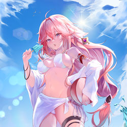This is a pixiv picture whose title is Miko swimmingsuit.