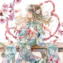 This is a pixiv picture whose title is 透明水彩＊桜と桟橋.