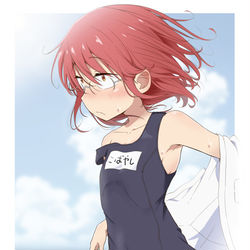 This is a pixiv picture whose title is 海でスク水！.
