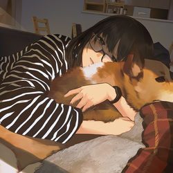 This is a pixiv picture whose title is 犬を抱きしめる.