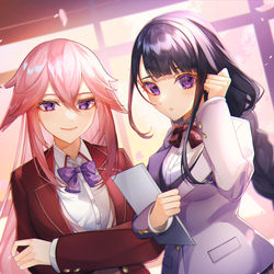 This is a pixiv picture whose title is 制服八重神子と影.