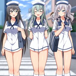 This is a pixiv picture whose title is 【pixivリクエスト】日振型の服を着て通学する艦娘3人.