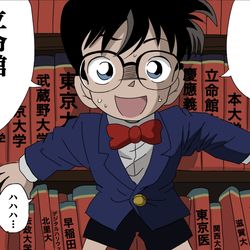This is a pixiv picture whose title is 本棚に赤本しか置いてなかったコナン.