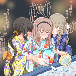 This is a pixiv picture whose title is 百合に挟まれて百合に目覚めそうな子　金魚すくい編.