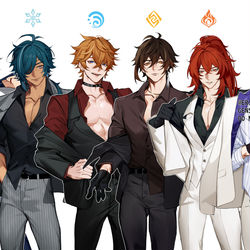 This is a pixiv picture whose title is Genshin men in suits.