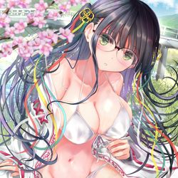 This is a pixiv picture whose title is 【過去絵メガネ差分】水辺×白ビキニの巫女さんverメガネ.