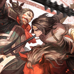 This is a pixiv picture whose title is 【火鳳燎原】呂布と馬超.