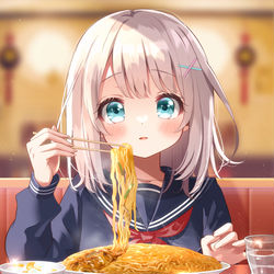 This is a pixiv picture whose title is 梅蘭焼きそばを食べる女の子.