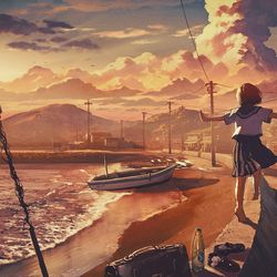 This is a pixiv picture whose title is 夕焼け飛行.