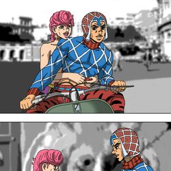 This is a pixiv picture whose title is ローマでの戦いを終えてローマの休日を満喫するミスタとトリッシュ.