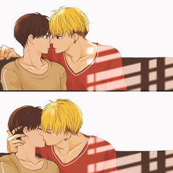 This is a pixiv picture whose title is 【鮫恋】キスの日.
