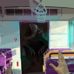 This is a pixiv picture whose title is 急行電車内にて.