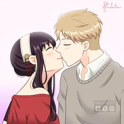 This is a pixiv picture whose title is Loid x Yor kiss.