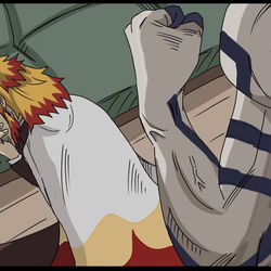 This is a pixiv picture whose title is 虫歯が痛い煉獄さんを応援する猗窩座.