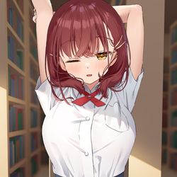 This is a pixiv picture whose title is 「んん～...疲れました...」.