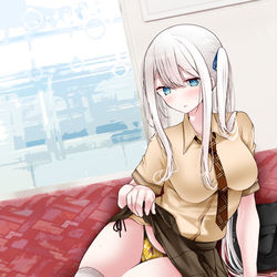 This is a pixiv picture whose title is 通勤電車でぱんつを見せてくる銀髪ツインテお嬢様JK.