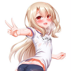 This is a pixiv picture whose title is ぴちぴちブルマでパンツはみ出しちゃう体操服イリヤちゃん.