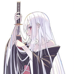 This is a pixiv picture whose title is 黒和服白髪刀.