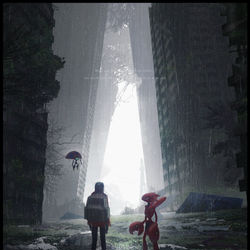 This is a pixiv picture whose title is ポケモンと雨の廃墟.