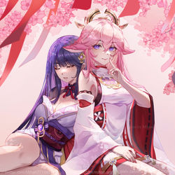 This is a pixiv picture whose title is Happy birthday to Ei and Miko.