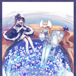 This is a pixiv picture whose title is 割烹着ホーリー・エルフと屋敷わらしと足水.