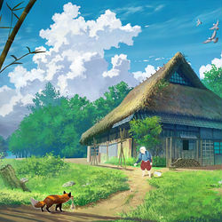 This is a pixiv picture whose title is 茅葺屋根の家リメイク2.