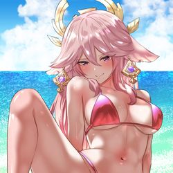 This is a pixiv picture whose title is 八重神子（水着）.