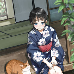 This is a pixiv picture whose title is 浴衣と茶トラ.