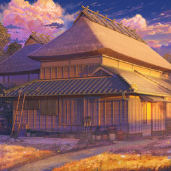 This is a pixiv picture whose title is 日本の村の家 日没.