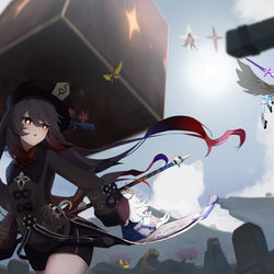 This is a pixiv picture whose title is 日绘，胡桃VS天理的维系者.