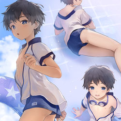 This is a pixiv picture whose title is 水着のサイズがちょっと合ってない成長期ショタ.