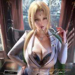 This is a pixiv picture whose title is つなで OL Tsunade in office 纲手在办公室.