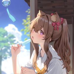 This is a pixiv picture whose title is 縁側にて.