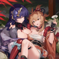 This is a pixiv picture whose title is 雷电将军&宵宫.