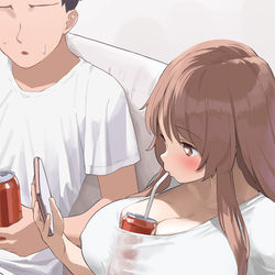 This is a pixiv picture whose title is シャツとおっぱいで挟んだ缶ジュースをストローで飲む姉.