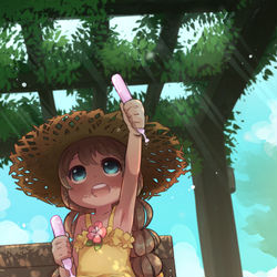 This is a pixiv picture whose title is 「はんぶん食べるー？」.