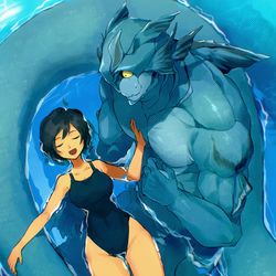 This is a pixiv picture whose title is 人外と人間.