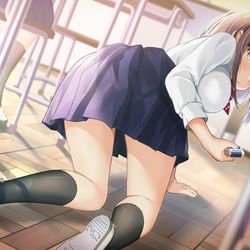 This is a pixiv picture whose title is 物を拾おうとしたら、そこには先客のはわわJKちゃんが….