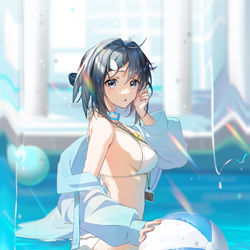 This is a pixiv picture whose title is 羽毛笔泳装.