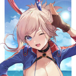 This is a pixiv picture whose title is 【FGO】水着武蔵ちゃん×バニー(タペストリー予約開始).