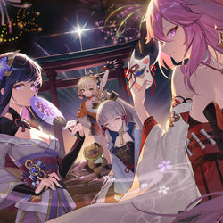This is a pixiv picture whose title is 「旅人さん、花火を見に行こう！」.