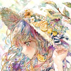 This is a pixiv picture whose title is 透明水彩＊麦わら帽子とレモン.